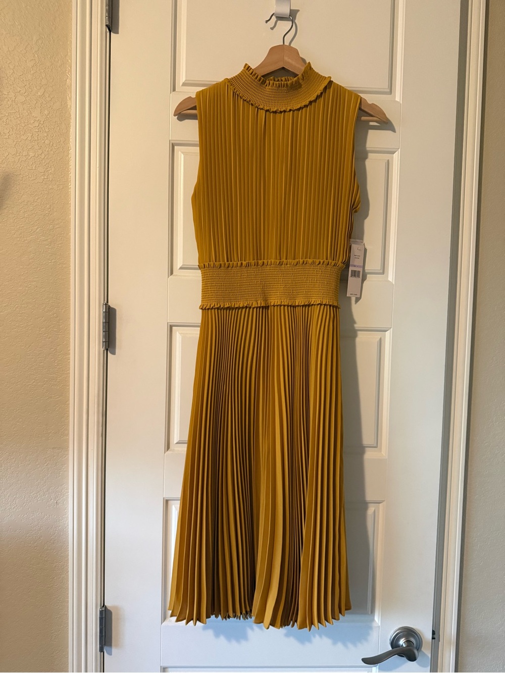Nanette Lepore Gold Ray Pleated Midi Dress NWT Size 6 Smocked Waist Mock Neck